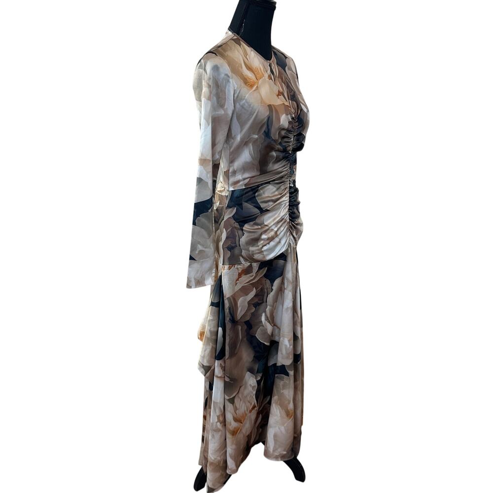 AKNVAS Beige Bold Floral Mesh Gown SIZE 4 Ruched Maxi Dress Party Designer $900 - Picture 9 of 13